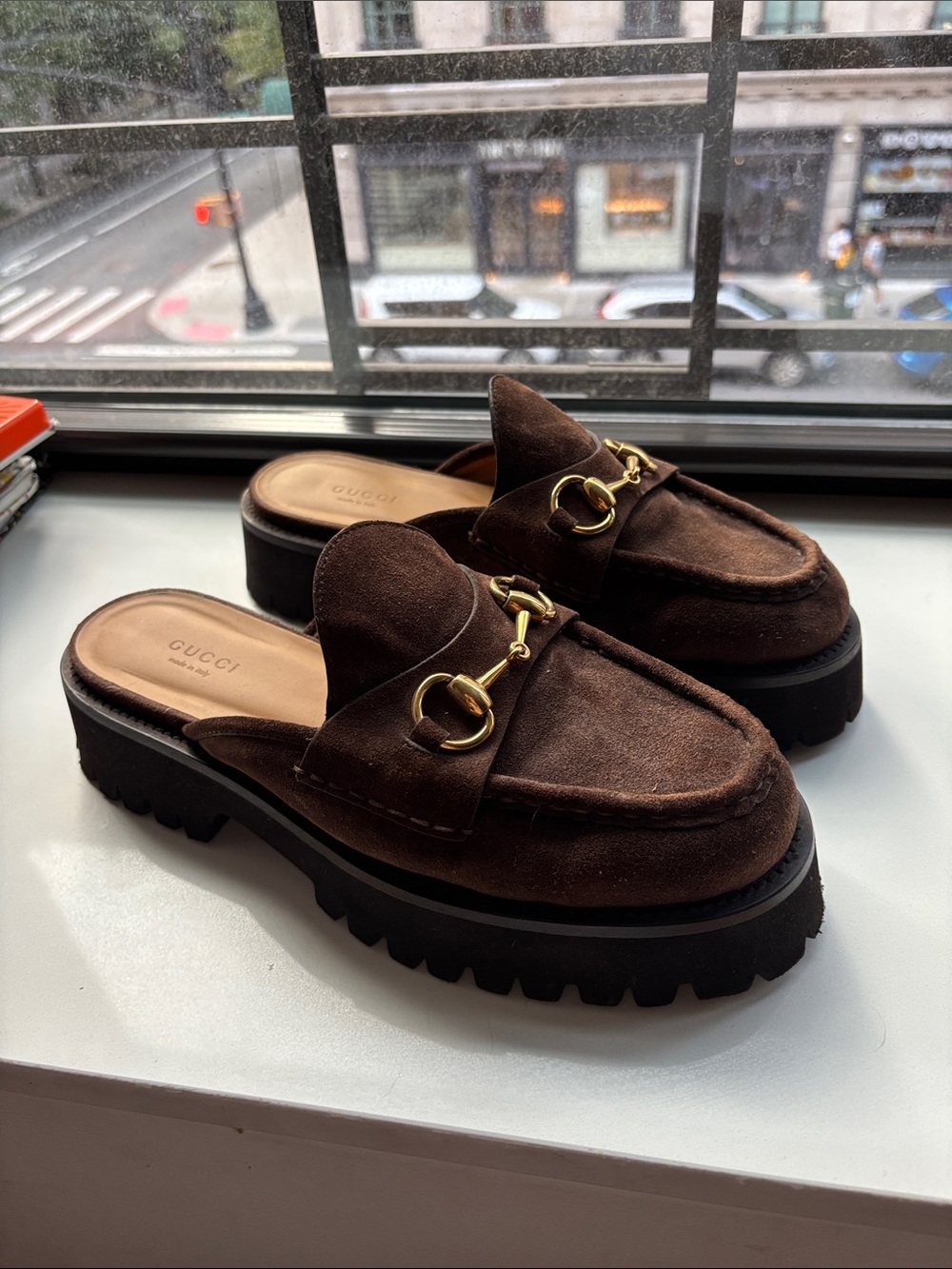 Gucci Sylke Brown Suede Lug Sole Horsebit Platform Mules